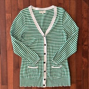 Women’s Green and White Stripe Black Button Vneck Long Cardigan Sweater Small